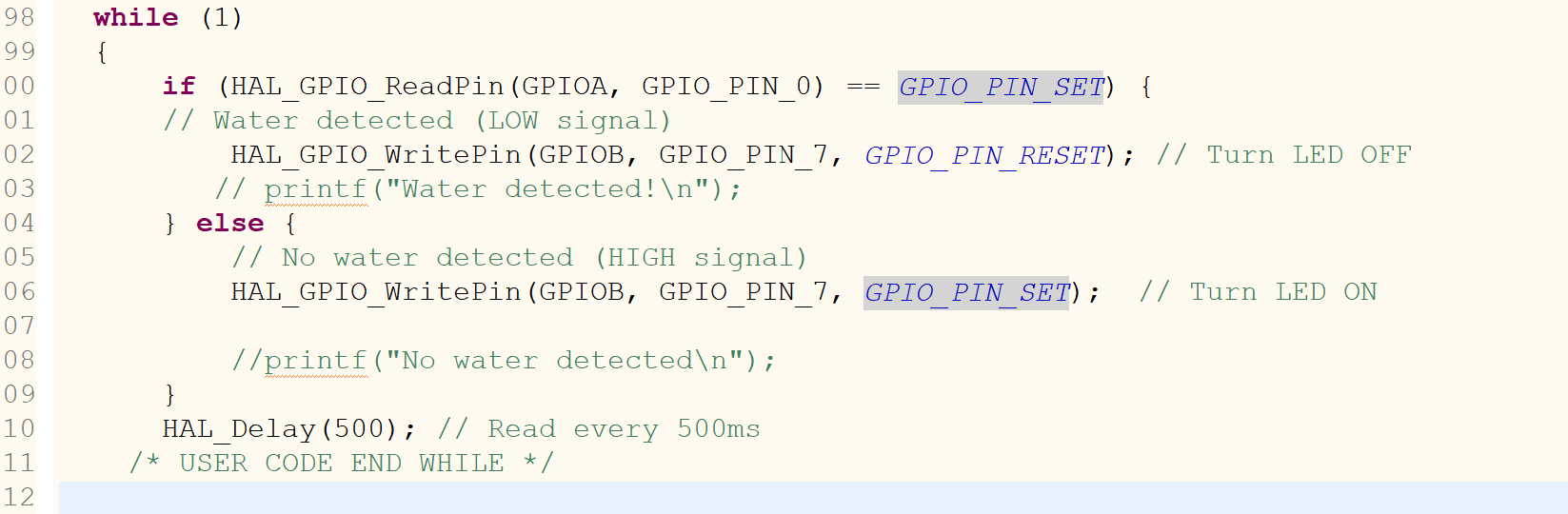 Water Level Sensor While Loop Code